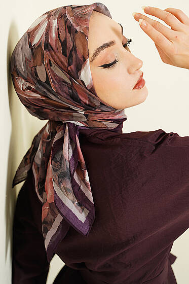 Mist Ebruli Desen Bambu Kraş Eşarp Mor - Başörtüsü