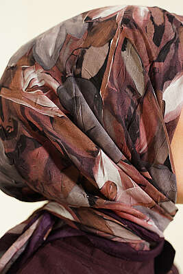 Mist Ebruli Desen Bambu Kraş Eşarp Mor - Başörtüsü