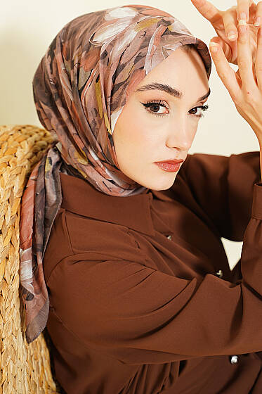 Mist Ebruli Desen Bambu Kraş Eşarp Vizon - Başörtüsü