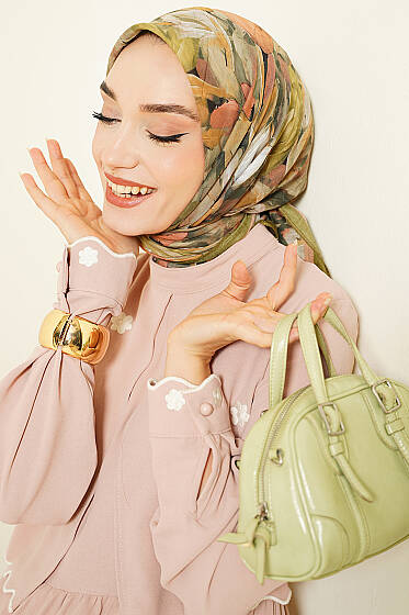Mist Ebruli Desen Bambu Kraş Eşarp Yeşil - Başörtüsü