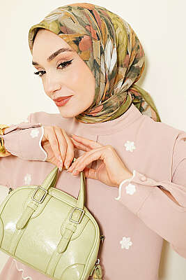 Mist Ebruli Desen Bambu Kraş Eşarp Yeşil - Başörtüsü