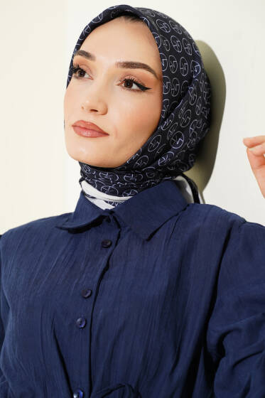 MK Desen Soft Eşarp Lacivert Beyaz - Başörtüsü