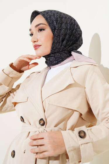 MK Desen Soft Eşarp Siyah Somon - Başörtüsü