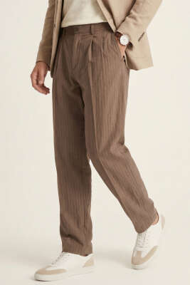 Modal Çizgili Bol Erkek Pantolon Kahve - GİESTO