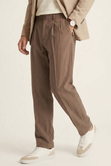 Modal Çizgili Bol Erkek Pantolon Kahve - Erkek Pantolon