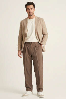 Modal Çizgili Bol Erkek Pantolon Kahve - Erkek Pantolon