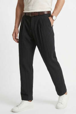 Modal Çizgili Bol Erkek Pantolon Siyah 