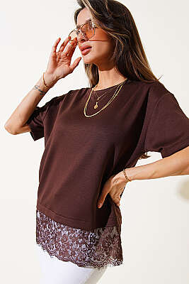 Modal Dantelli T-shirt Kahve - ORIGINAL