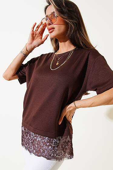 Modal Dantelli T-shirt Kahve - Kadın Giyim Modelleri