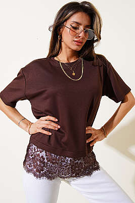 Modal Dantelli T-shirt Kahve - Kadın Giyim Modelleri