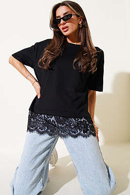 Modal Dantelli T-shirt Siyah - ORIGINAL