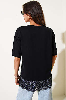 Modal Dantelli T-shirt Siyah - Kadın Giyim Modelleri
