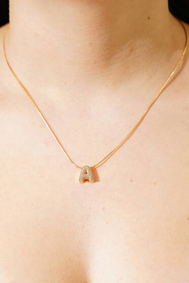 Modern A Harfi Taş İşlemeli Kolye Gold - Kolye