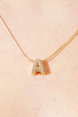 Modern A Harfi Taş İşlemeli Kolye Gold - Kolye