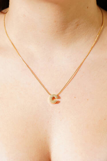 Modern C Harfi Taş İşlemeli Kolye Gold - Kolye