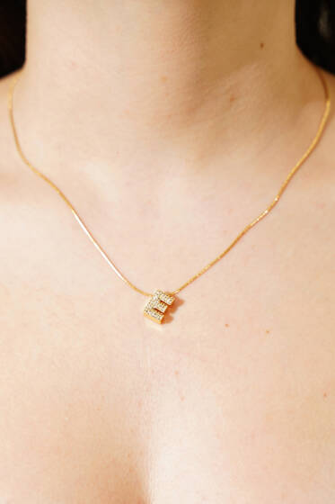 Modern E Harfi Taş İşlemeli Kolye Gold - Kolye