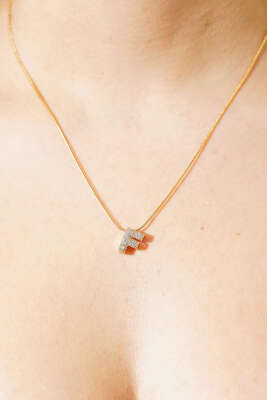 Modern F Harfi Taş İşlemeli Kolye Gold 