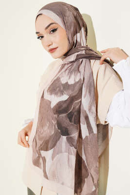 Modern Floral Desen Bambu Kraş Şal Bej - Başörtüsü