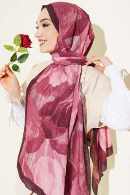 Modern Floral Desen Bambu Kraş Şal Bordo - Başörtüsü
