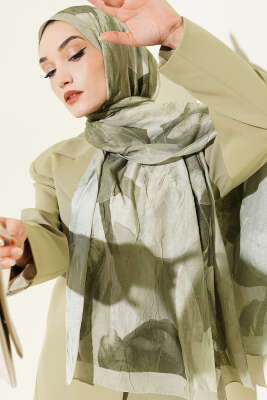 Modern Floral Desen Bambu Kraş Şal Haki 