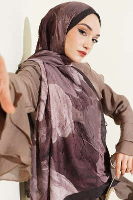 Modern Floral Desen Bambu Kraş Şal Kahve 