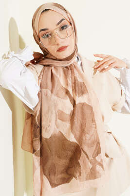 Modern Floral Desen Bambu Kraş Şal Kum Bej - Başörtüsü