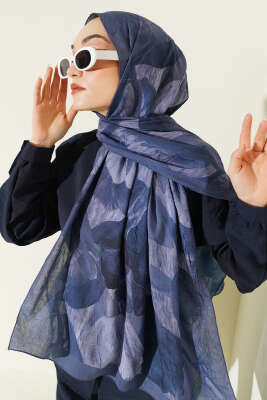 Modern Floral Desen Bambu Kraş Şal Lacivert - Başörtüsü