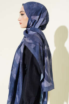 Modern Floral Desen Bambu Kraş Şal Lacivert - Başörtüsü