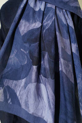 Modern Floral Desen Bambu Kraş Şal Lacivert - Başörtüsü