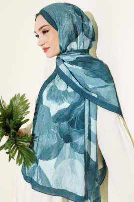 Modern Floral Desen Bambu Kraş Şal Petrol - Başörtüsü