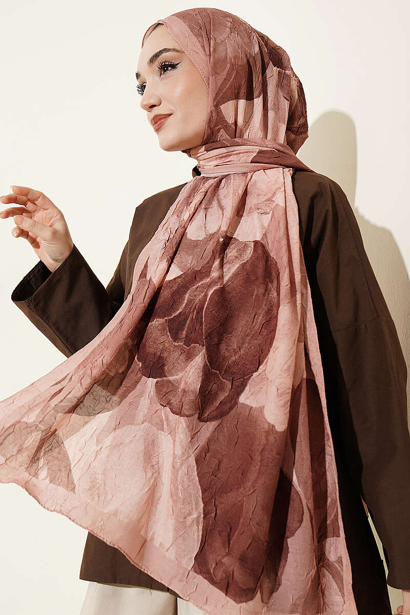 Modern Floral Desen Bambu Kraş Şal Somon
