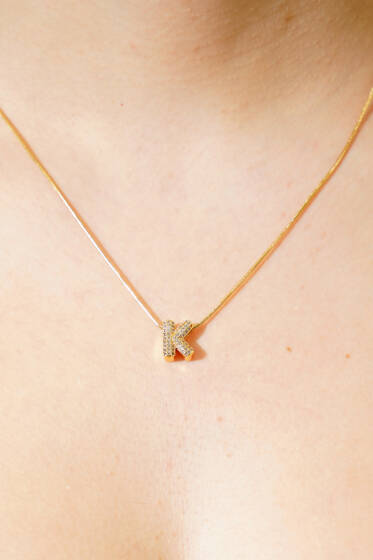 Modern K Harfi Taş İşlemeli Kolye Gold - Kolye