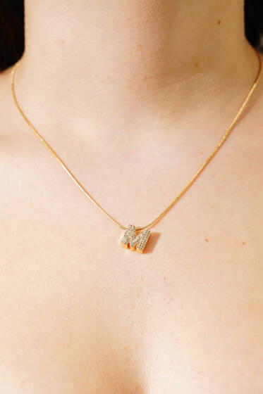 Modern M Harfi Taş İşlemeli Kolye Gold - Kolye