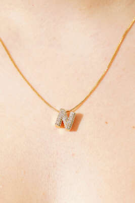 Modern N Harfi Taş İşlemeli Kolye Gold - Kolye