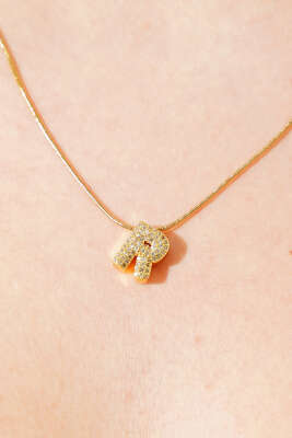 Modern R Harfi Taş İşlemeli Kolye Gold - Kolye