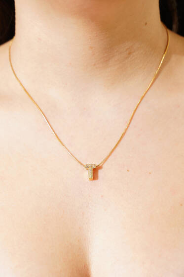 Modern T Harfi Taş İşlemeli Kolye Gold - Kolye