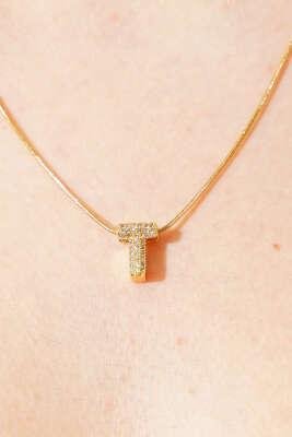 Modern T Harfi Taş İşlemeli Kolye Gold - Kolye