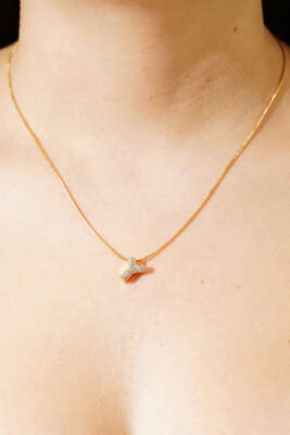 Modern Y Harfi Taş İşlemeli Kolye Gold 