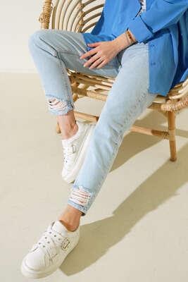 Mom Dar Paça Kot Pantolon Kar Yıkama - Kumaş Pantolon