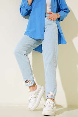 Mom Dar Paça Kot Pantolon Kar Yıkama - Kumaş Pantolon