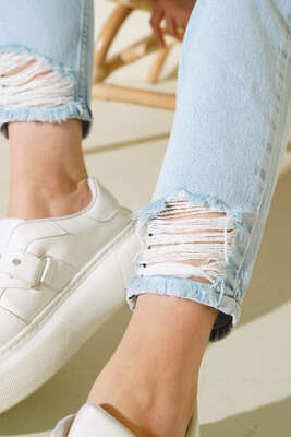 Mom Dar Paça Kot Pantolon Kar Yıkama - Kumaş Pantolon