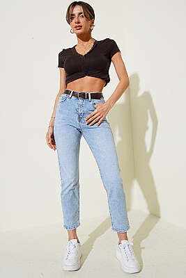 Mom Kemerli Kot Pantolon Açık Kar - Kadın Giyim Modelleri