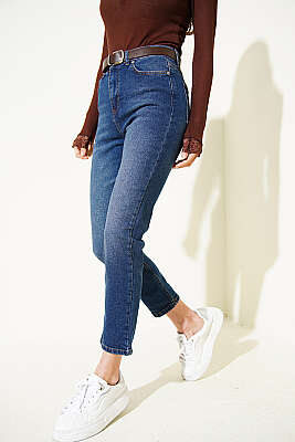 Mom Kemerli Kot Pantolon Mavi - ZARX JNS