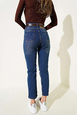 Mom Kemerli Kot Pantolon Mavi - Kadın Giyim Modelleri