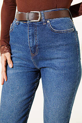 Mom Kemerli Kot Pantolon Mavi - Kadın Giyim Modelleri