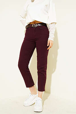 Mom Kesik Paça Kemerli Kot Pantolon Mürdüm - ZARX JNS