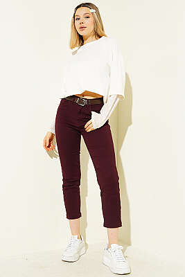 Mom Kesik Paça Kemerli Kot Pantolon Mürdüm - Kadın Giyim Modelleri