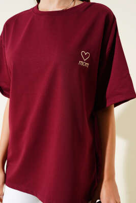 Mom Nakışlı T-shirt Bordo - Kadın Giyim Modelleri