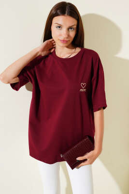 Mom Nakışlı T-shirt Bordo - Kadın Giyim Modelleri