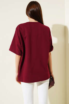 Mom Nakışlı T-shirt Bordo - Kadın Giyim Modelleri